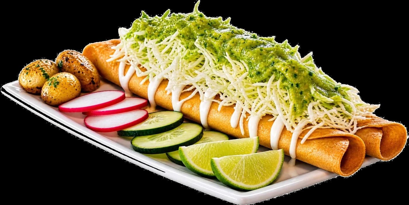 Plato de flautas doradas con col, crema y salsa verde